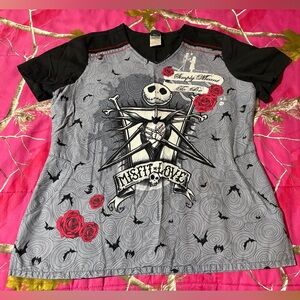 Disney Black and Gray Skull Rose V‑Neck Scrub Top